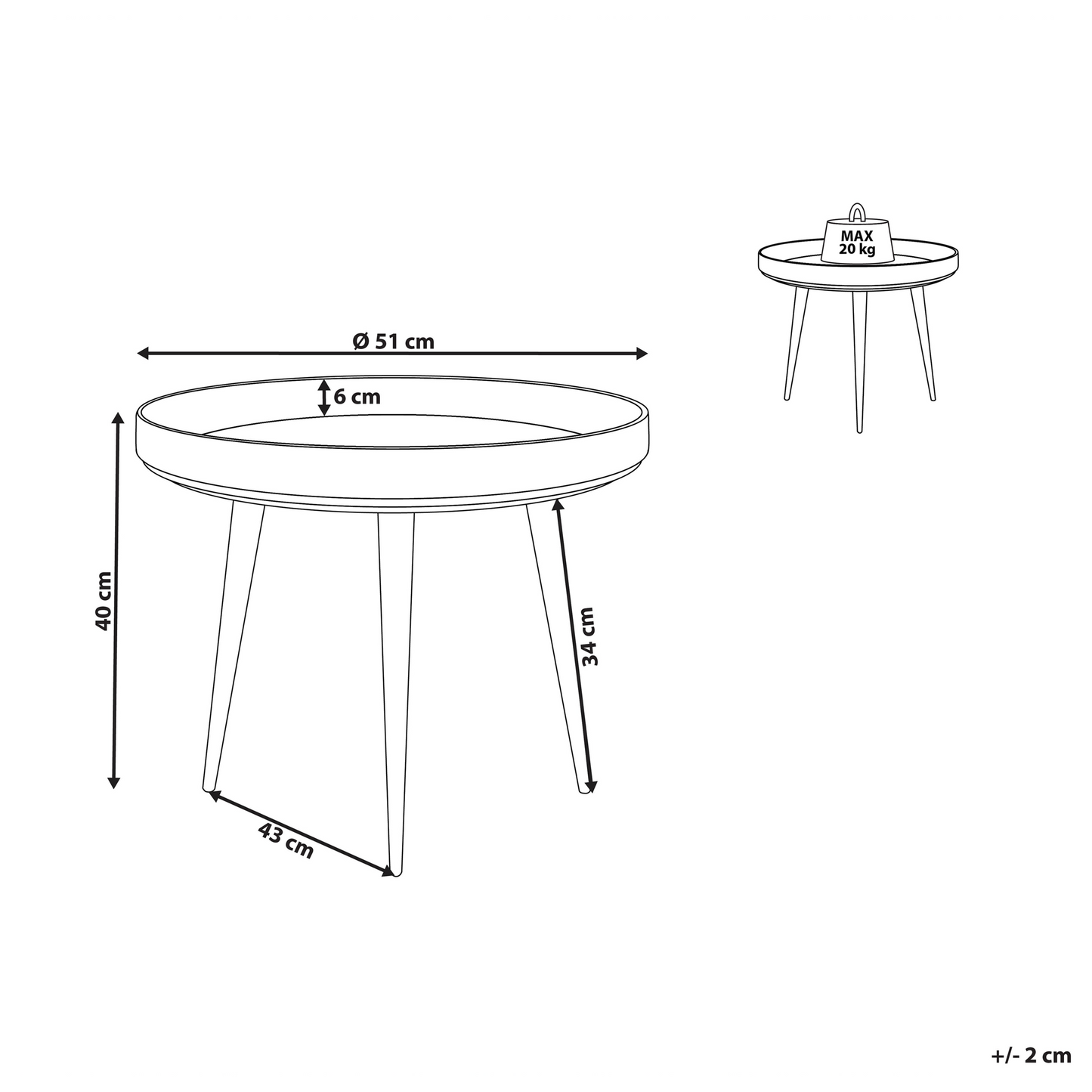 Light Brown Mango Top Coffee Table Tripod Base Raised Edges