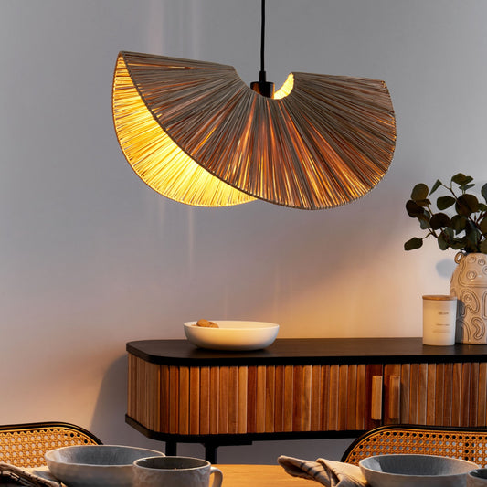 Natural Color Paper Pulp Pendant Lamp With Textured Shade Japandi Style Interiors