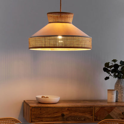 Natural Beige Rattan Velvet Shade Pendant Lamp With Adjustable Cord For Living Room