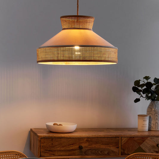 Natural Beige Rattan Velvet Shade Pendant Lamp With Adjustable Cord For Living Room