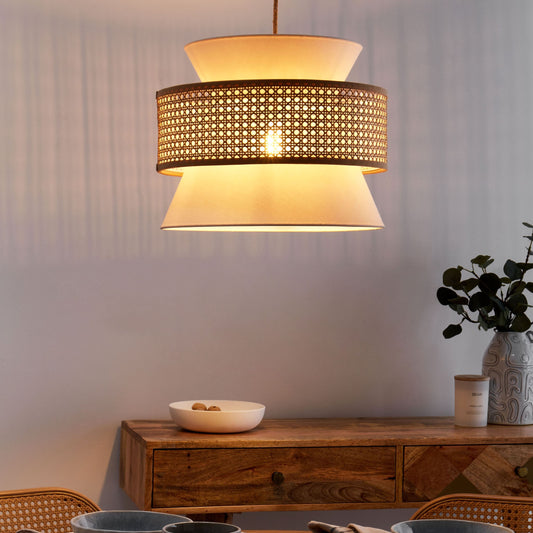 Pendant Lamp Beige Rattan Polyester Shade Boho Light