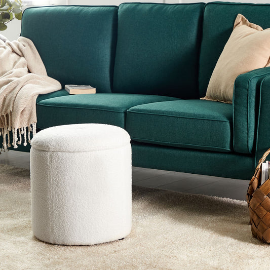 Pouffe Off White Boucle 40 x 38cm With Storage