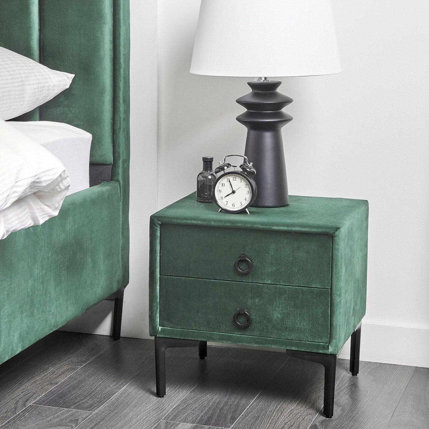 Velvet Nightstand Dark Green 2 Drawer With Black Legs