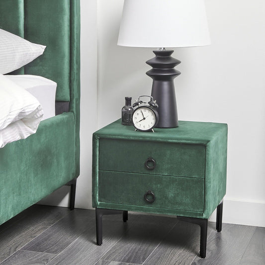 Velvet Nightstand Dark Green 2 Drawer With Black Legs