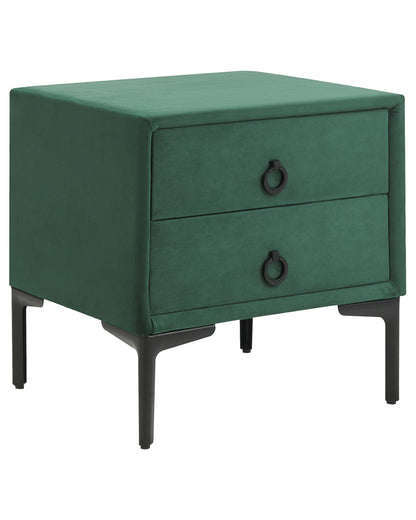 Velvet Nightstand Dark Green 2 Drawer With Black Legs