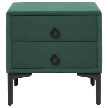 Velvet Nightstand Dark Green 2 Drawer With Black Legs