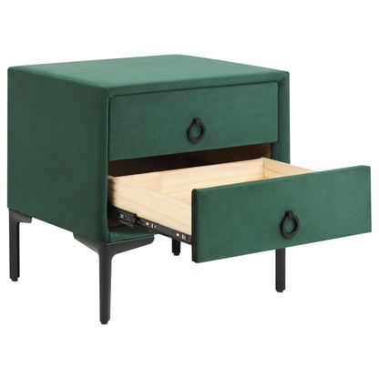 Velvet Nightstand Dark Green 2 Drawer With Black Legs