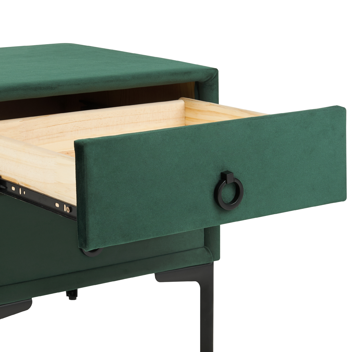 Velvet Nightstand Dark Green 2 Drawer With Black Legs