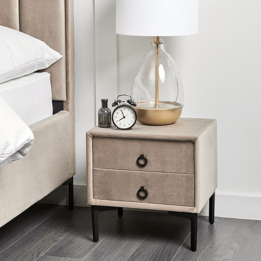 Bedside Table Taupe Velvet With Black Metal Legs 2 Drawers