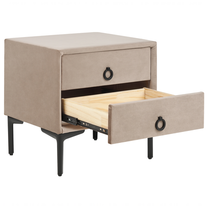 Bedside Table Taupe Velvet With Black Metal Legs 2 Drawers