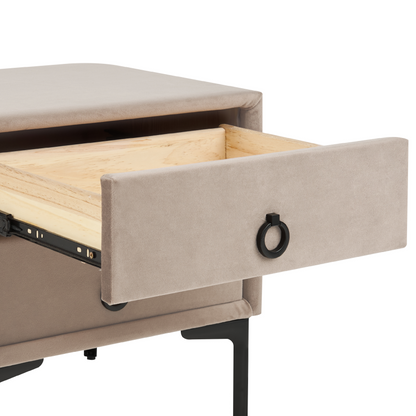 Bedside Table Taupe Velvet With Black Metal Legs 2 Drawers