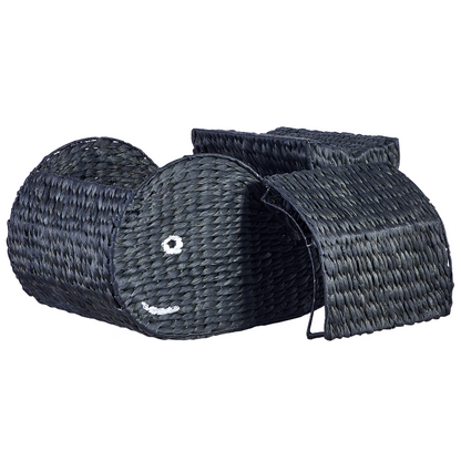 Whale Shaped Wicker Basket with Lid Black Water Hyacinth