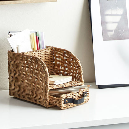 Desk Paper Organizer With Drawer Light Rattan File Tray Small Desk Storage