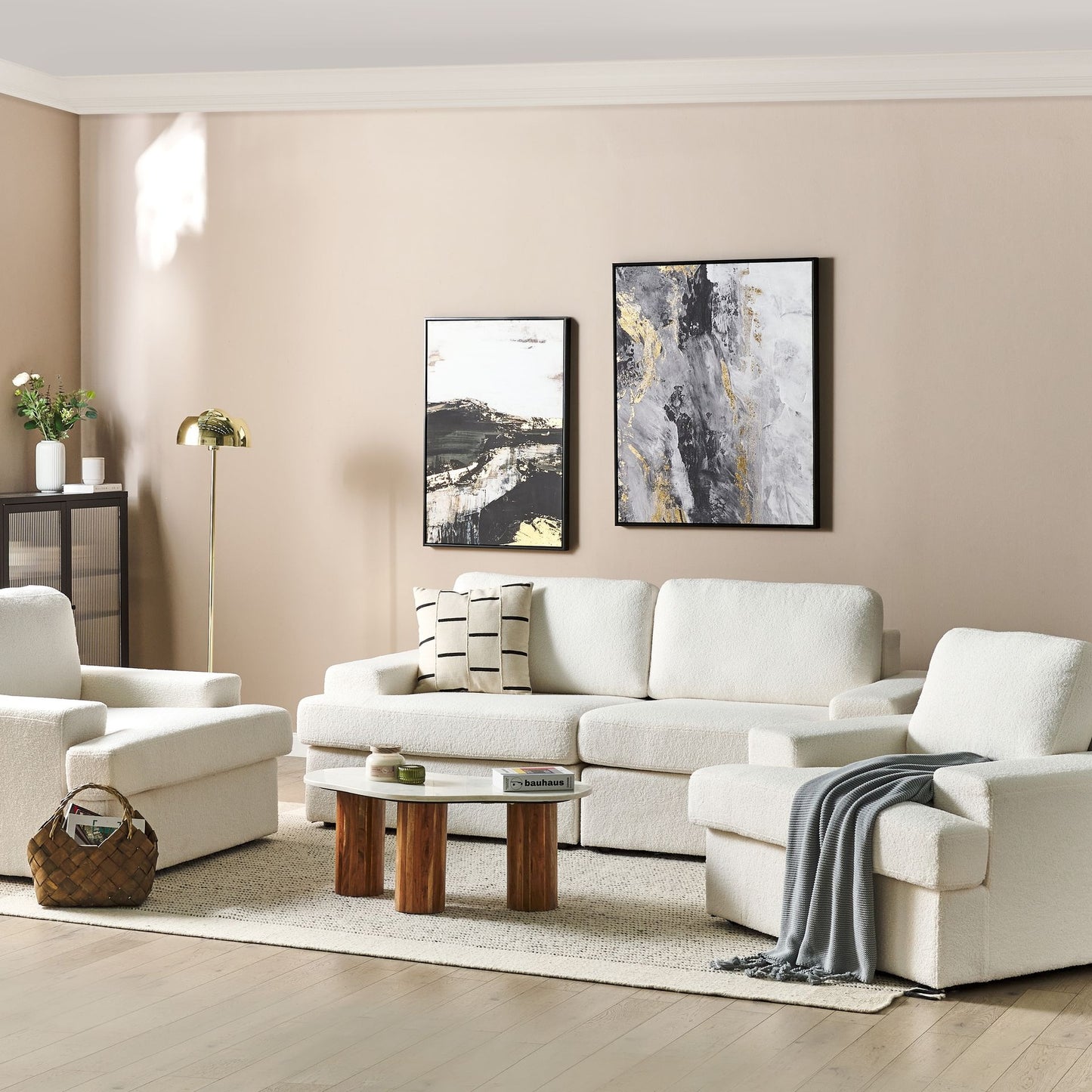 White Boucle 5 Seater Sofa Set With Armchairs Thick Backrest