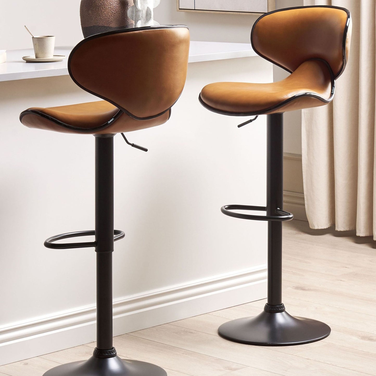 Bar Chairs Set 2 Golden Brown Faux Leather Swivel Gas Lift