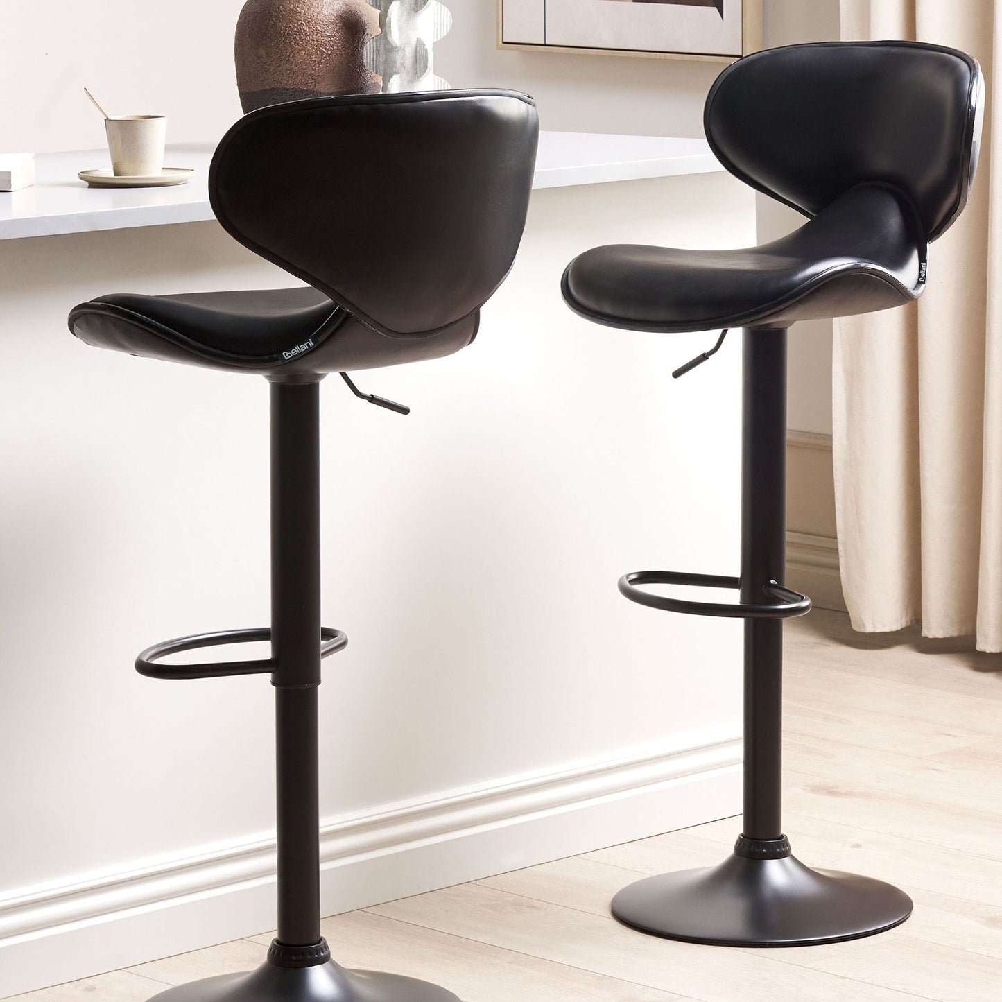 Bar Chairs Set of 2 Black Faux Leather Swivel Gas Lift