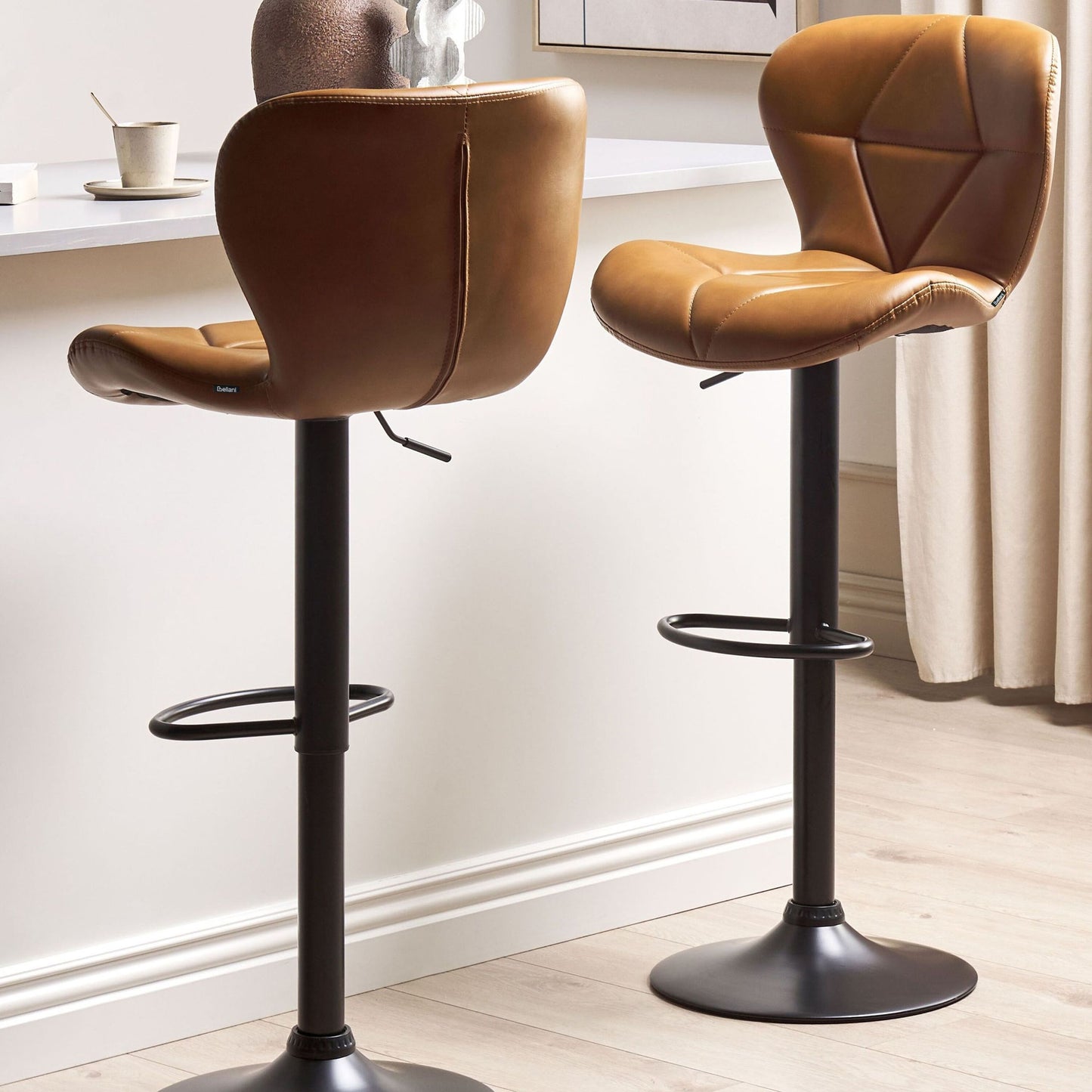 Bar Stool Set Of 2 Golden Brown Faux Leather Swivel