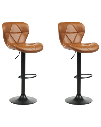 Bar Stool Set Of 2 Golden Brown Faux Leather Swivel