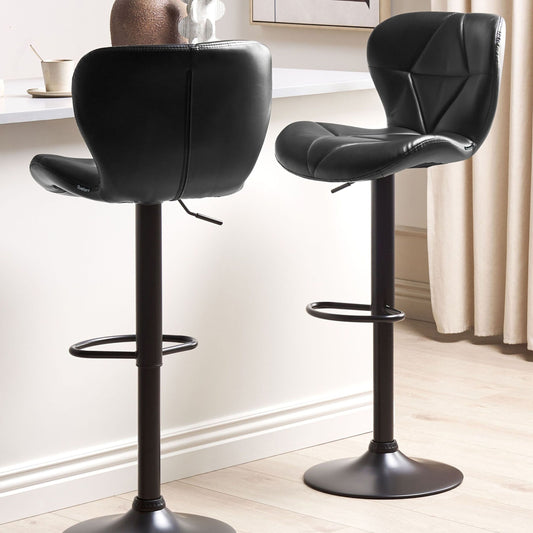 Bar Stool Set 2 Black Faux Leather Adjustable Height Swivel