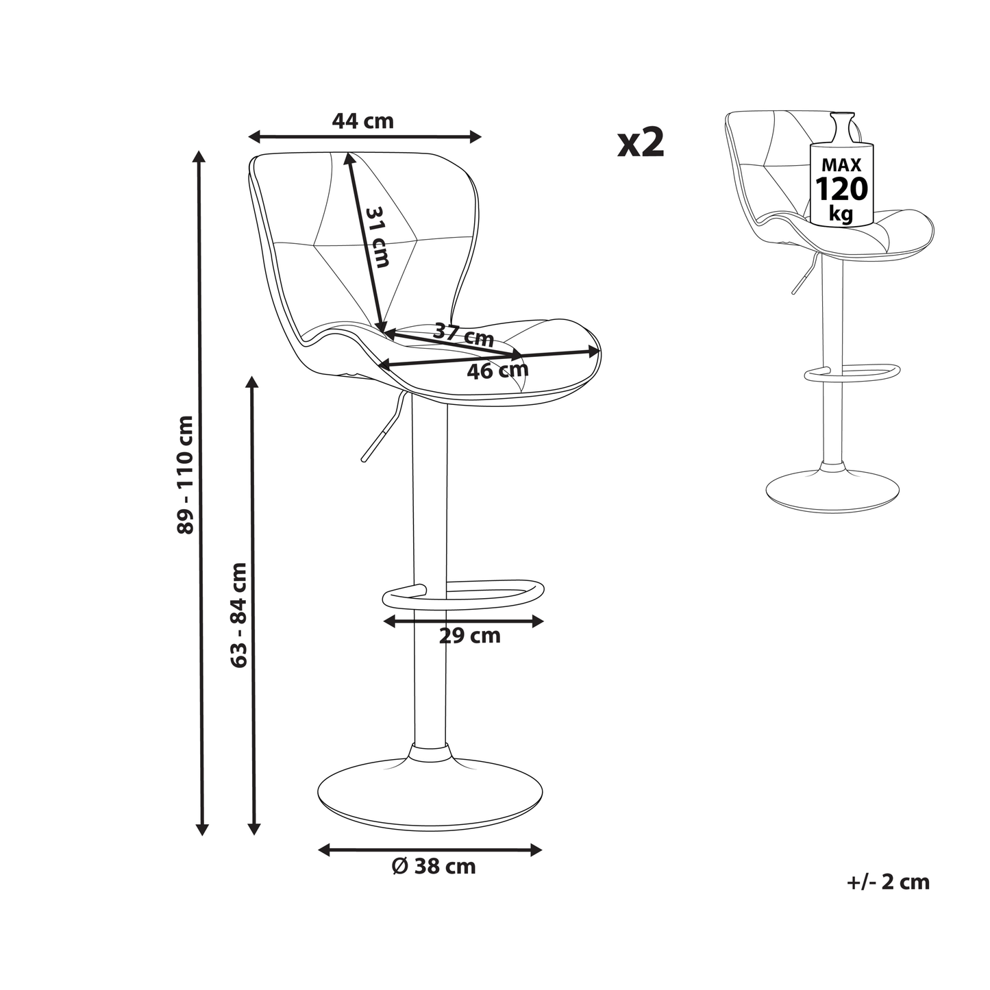 Bar Stool Set 2 Black Faux Leather Adjustable Height Swivel