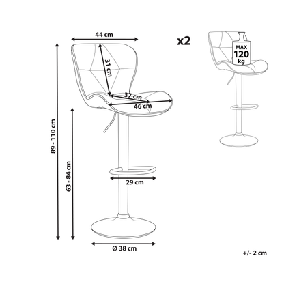 Bar Stool Set 2 Black Faux Leather Adjustable Height Swivel