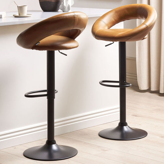 Bar Stool Set of 2 Golden Brown Faux Leather Swivel Gas Lift Adjustable Minimalist