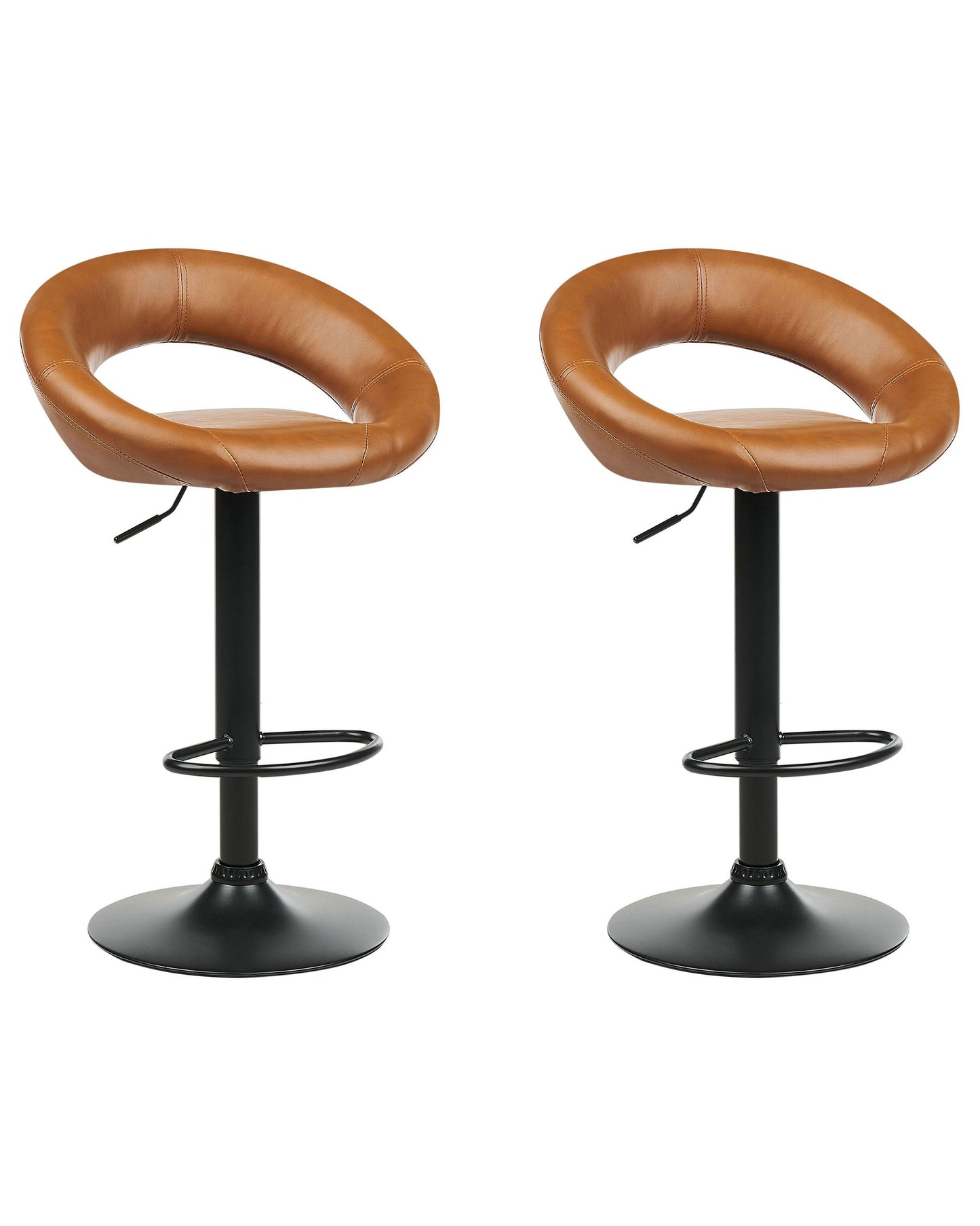 Bar Stool Set of 2 Golden Brown Faux Leather Swivel Gas Lift Adjustable Minimalist