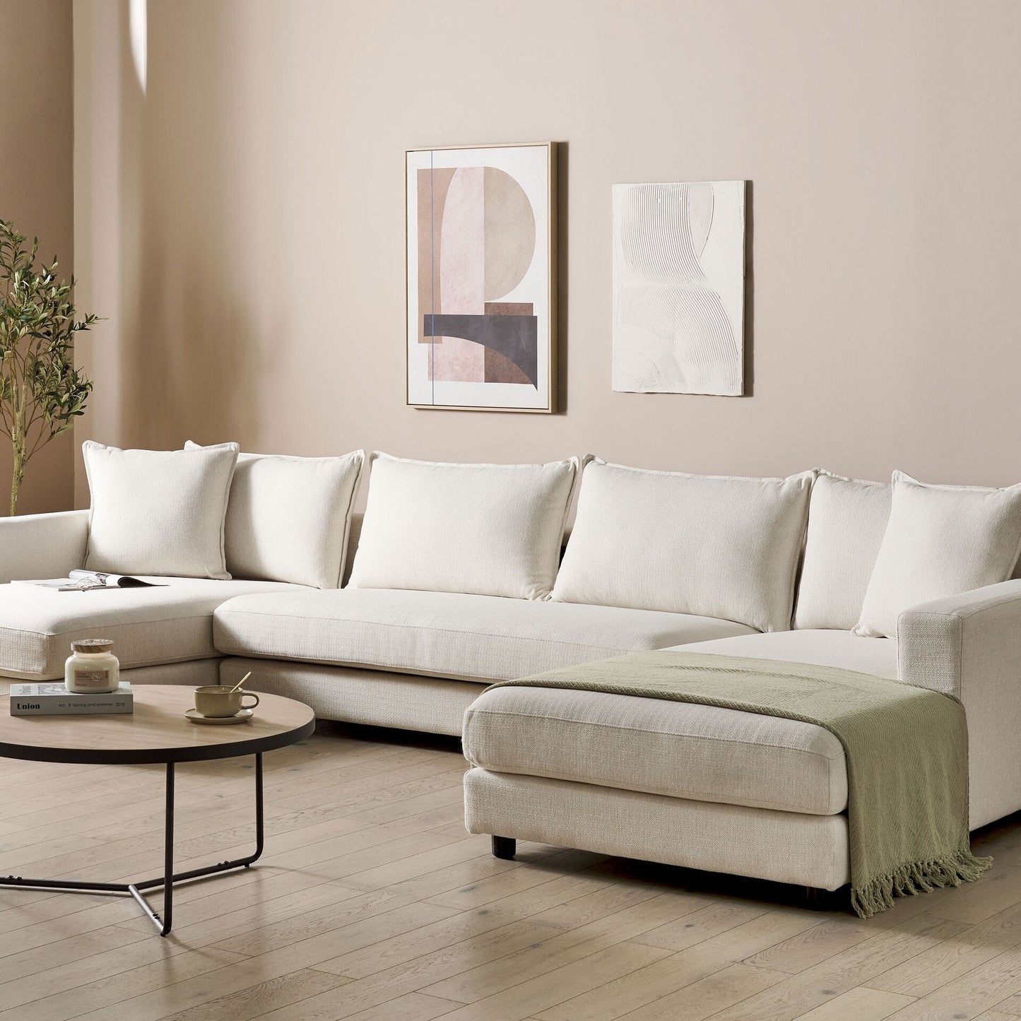 Corner Sofa Light Beige Polyester U Shaped 5 Seater