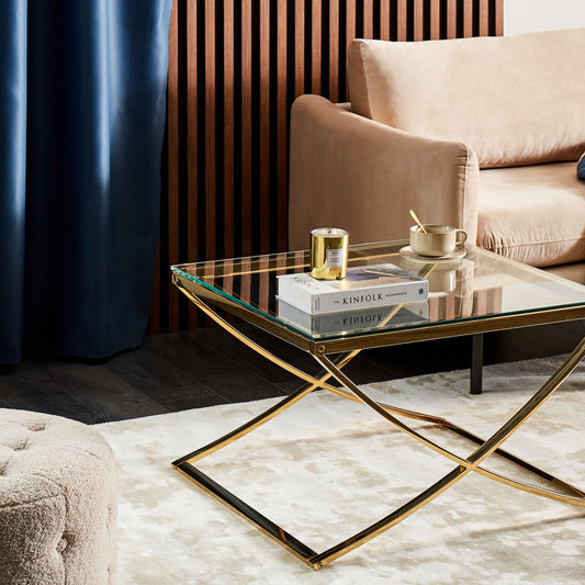 Glass Top Coffee Table Gold X Framed 70 x 70cm