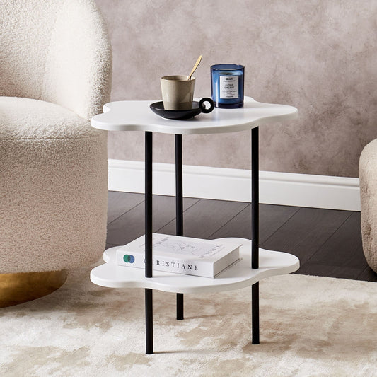 Modern Round Side Table White Top With Black Metal Frame 48 x 33cm Irregular Tabletop