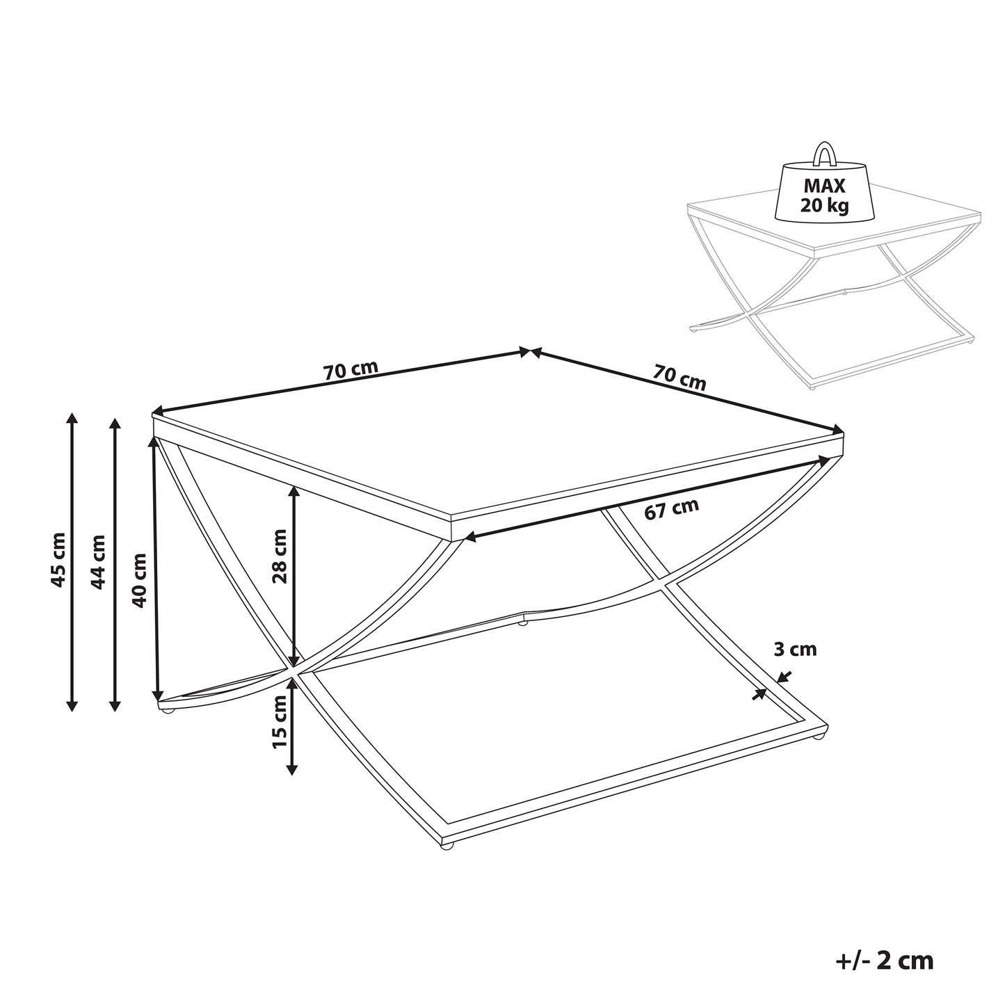 Glass Top Coffee Table Gold X Framed 70 x 70cm