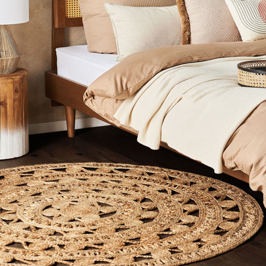 Boho Round Jute Area Rug 140cm Beige Handmade Braided
