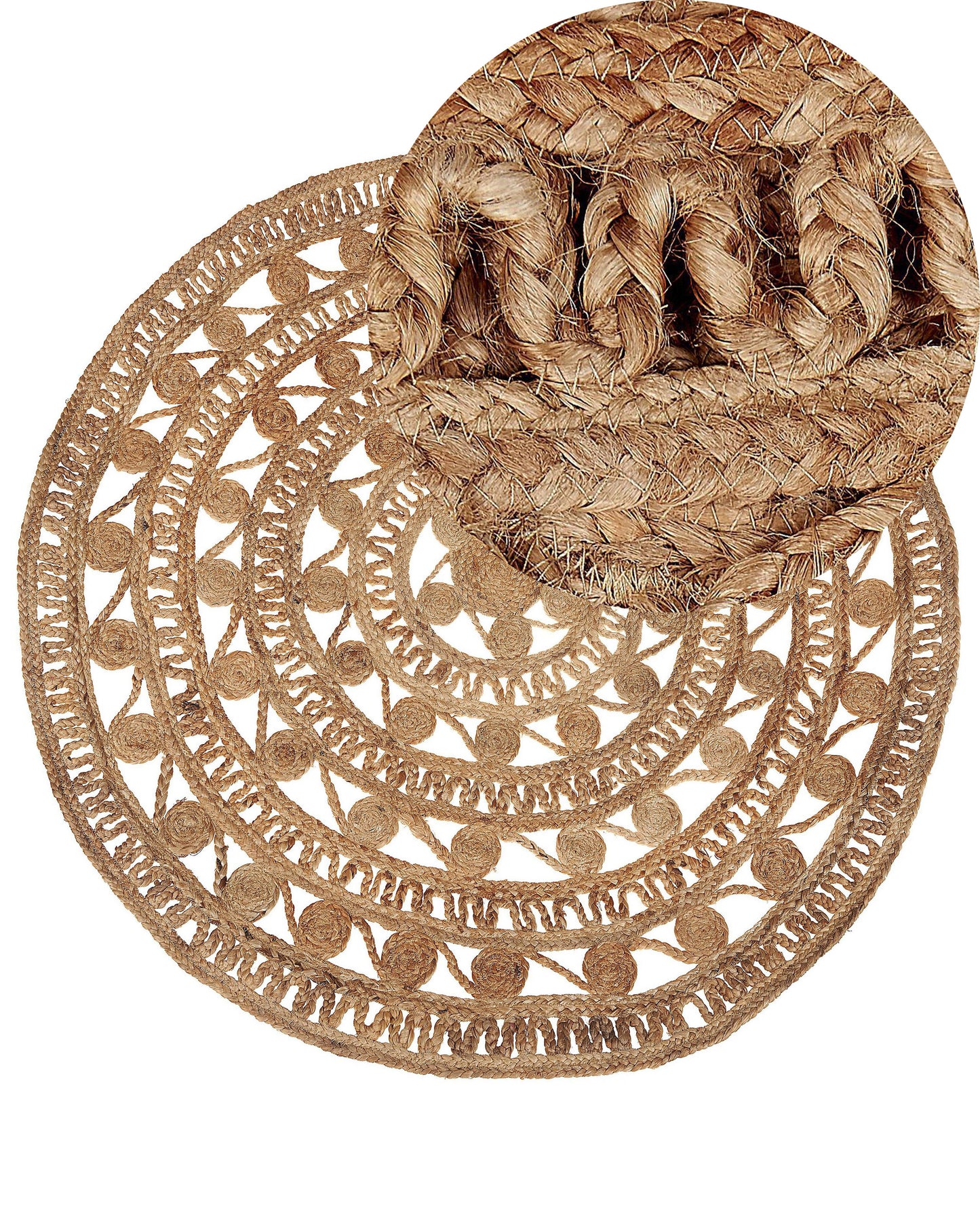 Boho Round Jute Area Rug 140cm Beige Handmade Braided