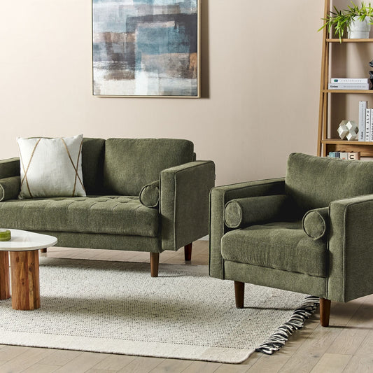 Retro Green Fabric Sofa Set 2 Seater And Armchair