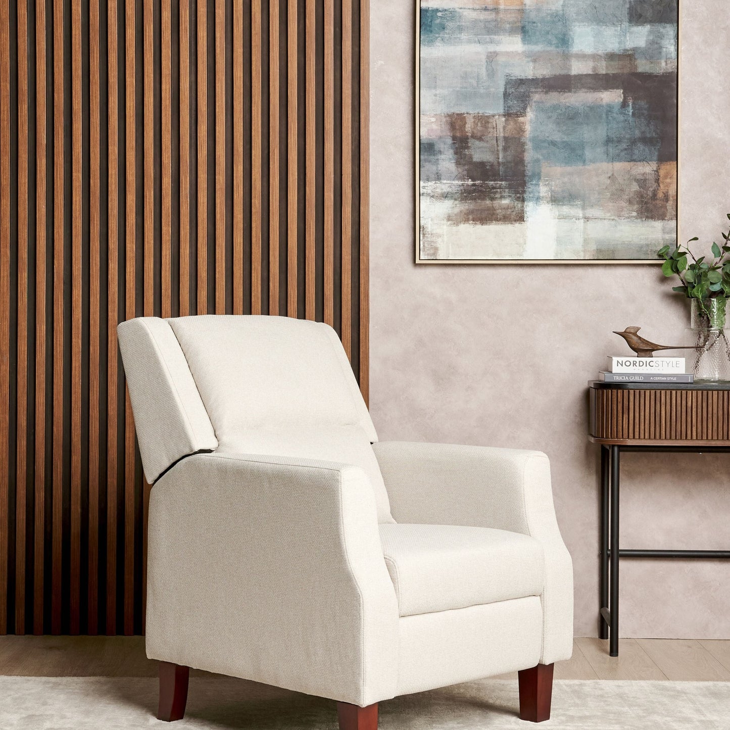 Recliner Chair Cream Beige Fabric Upholstery Push Back Manual Adjustable Back And Footrest Armchair