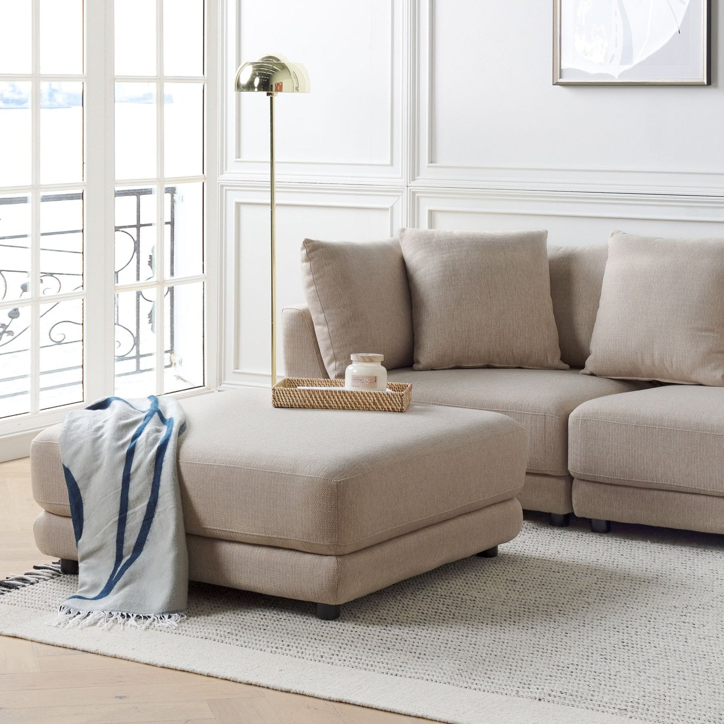 Beige Ottoman Footstool Polyester Upholstered Minimalist