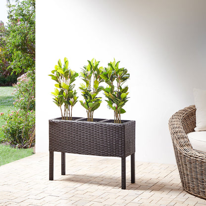 Raised Planter Box Brown PE Rattan With 3 Inserts
