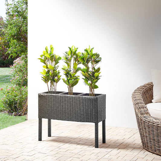 Black PE Rattan Raised Planter Box Round With 3 Inserts