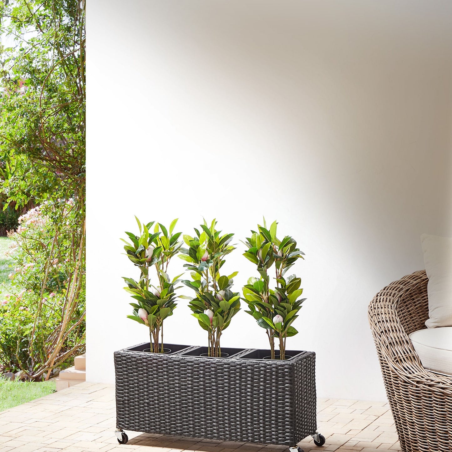 Wheeled Plant Pot Black PE Rattan Indoor Outdoor 3 Inserts
