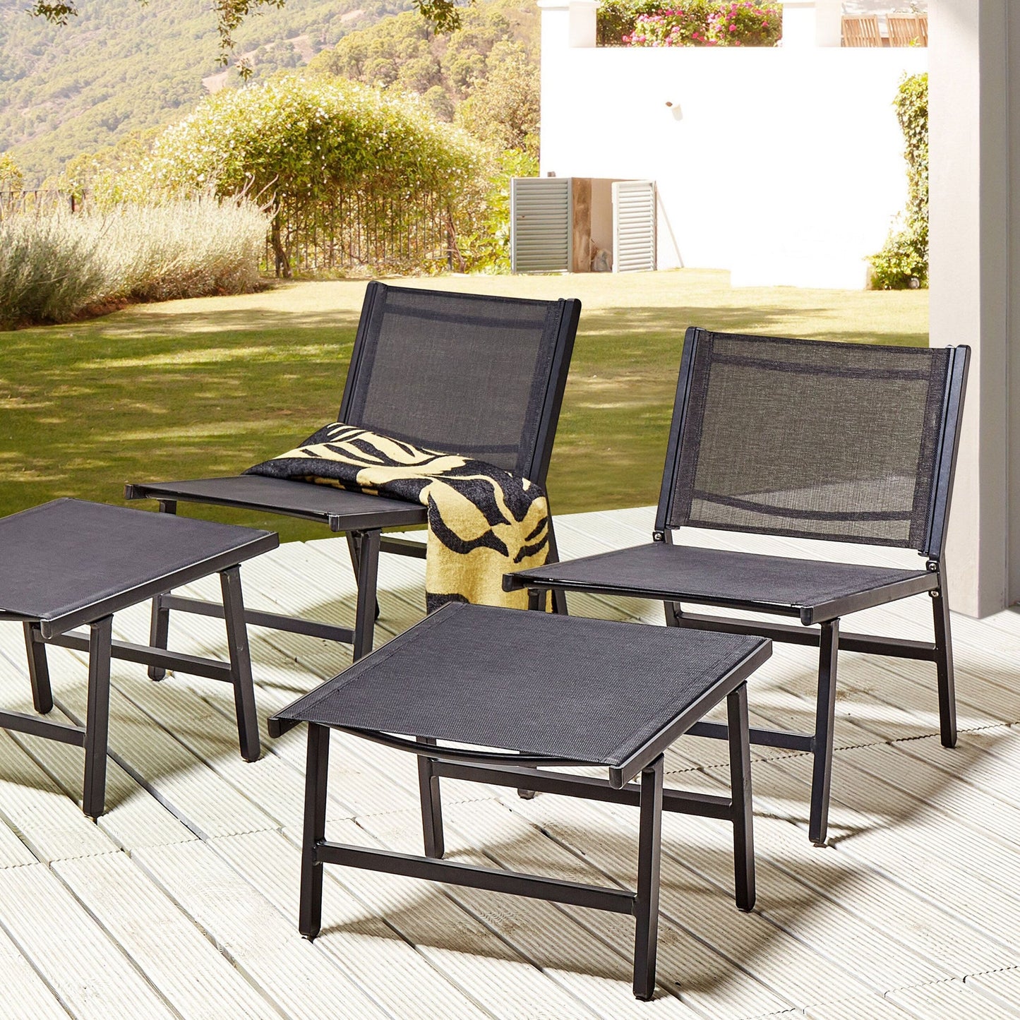 Set of 2 Black Textilene Garden Chairs with Footrests