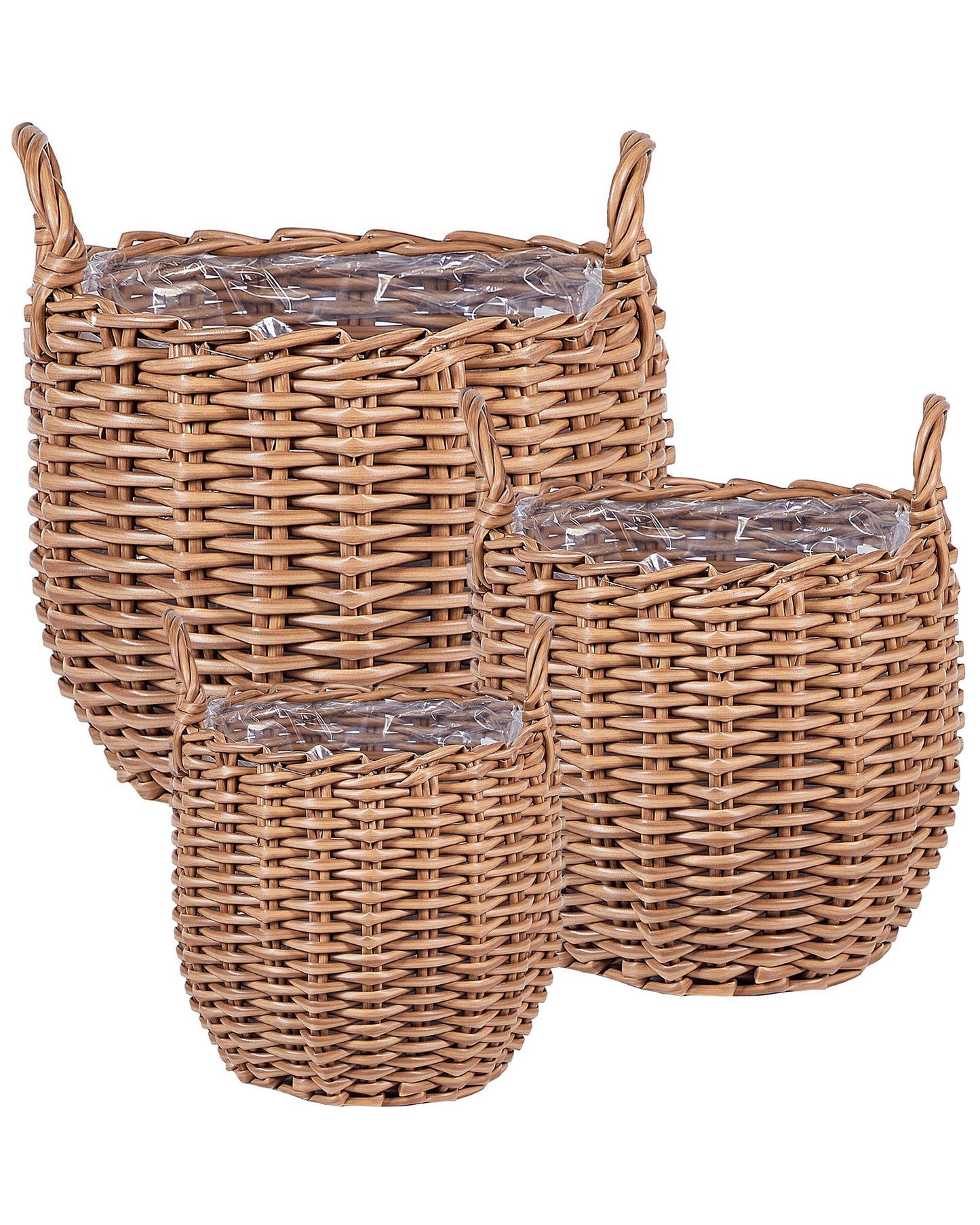 Set Of Brown PE Rattan Plant Baskets Round With Handles