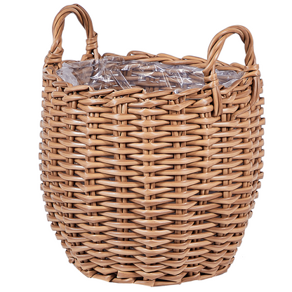 Set Of Brown PE Rattan Plant Baskets Round With Handles