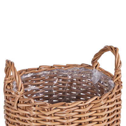 Set Of Brown PE Rattan Plant Baskets Round With Handles
