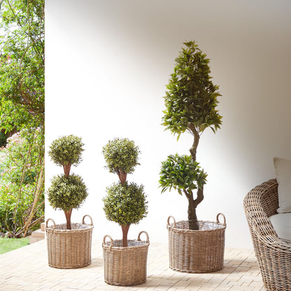 Set Of 3 Brown PE Rattan Plant Baskets With Handles Round With Synthetic Inlay