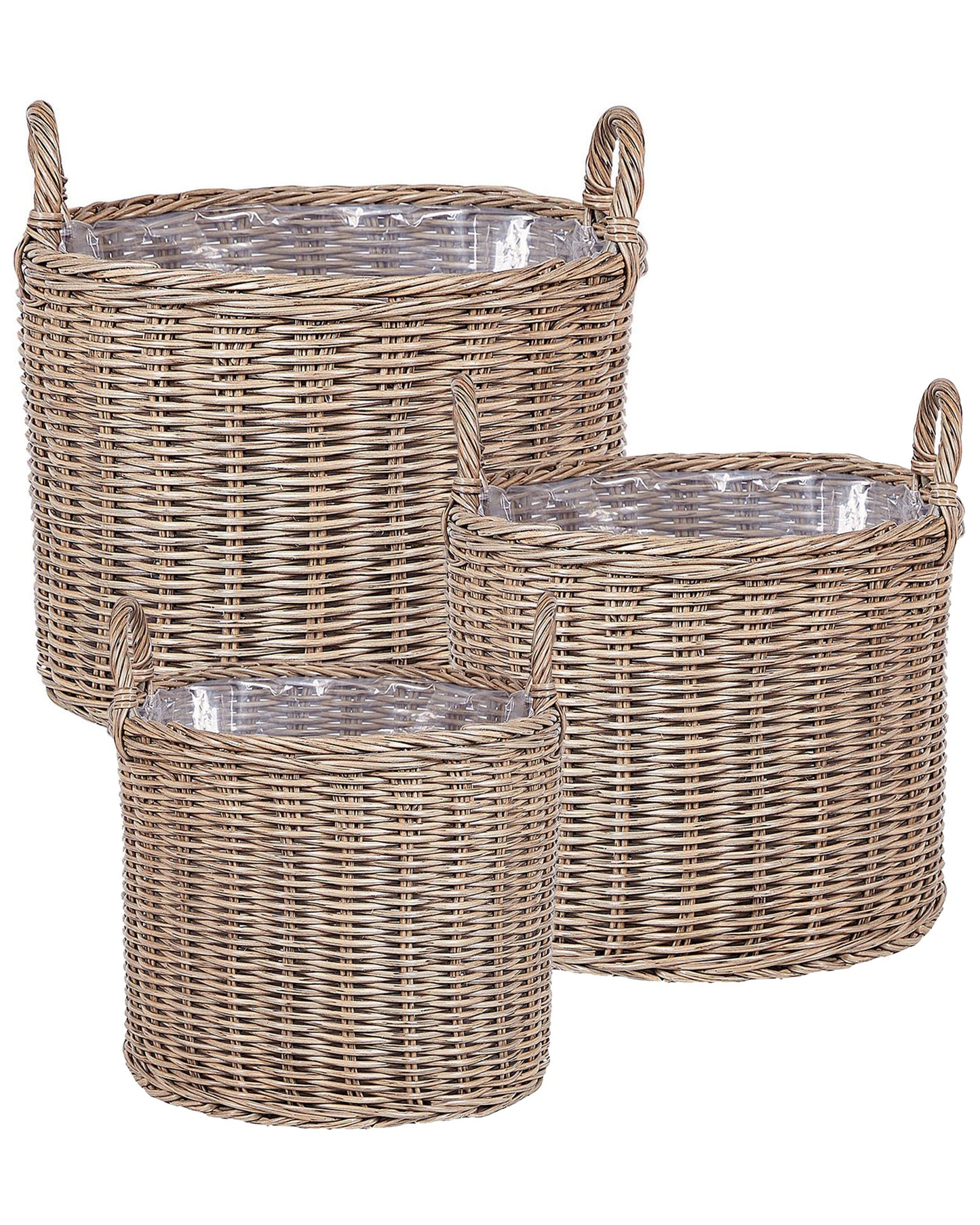Set Of 3 Brown PE Rattan Plant Baskets With Handles Round With Synthetic Inlay