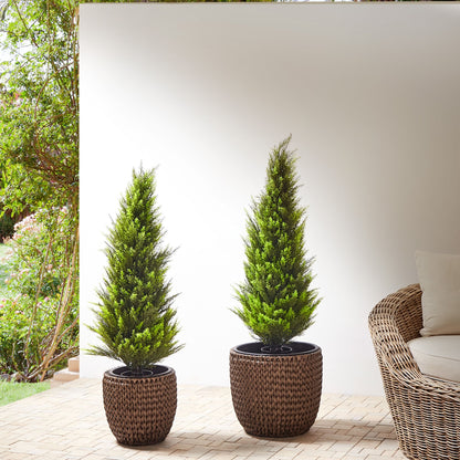 Set Of 2 Brown PE Rattan Plant Pots With Plastic Inserts Outdoor