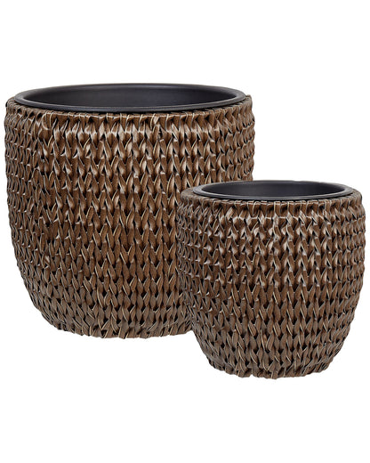 Set Of 2 Brown PE Rattan Plant Pots With Plastic Inserts Outdoor