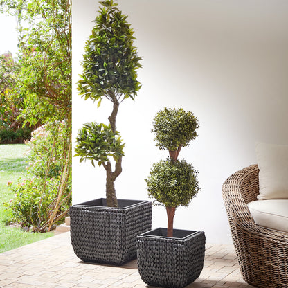 Set of 2 Black PE Rattan Plant Pots With Plastic Inserts For Indoor Outdoor Round