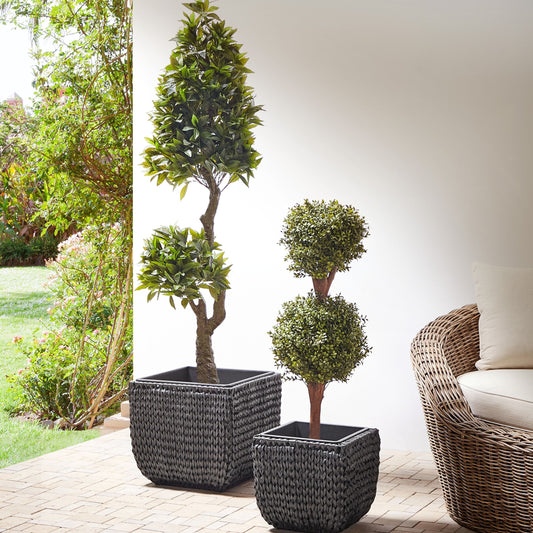 Set of 2 Black PE Rattan Plant Pots With Plastic Inserts For Indoor Outdoor Round