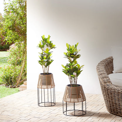 Two Piece Plant Pot Stands Brown PE Rattan Indoor Outdoor